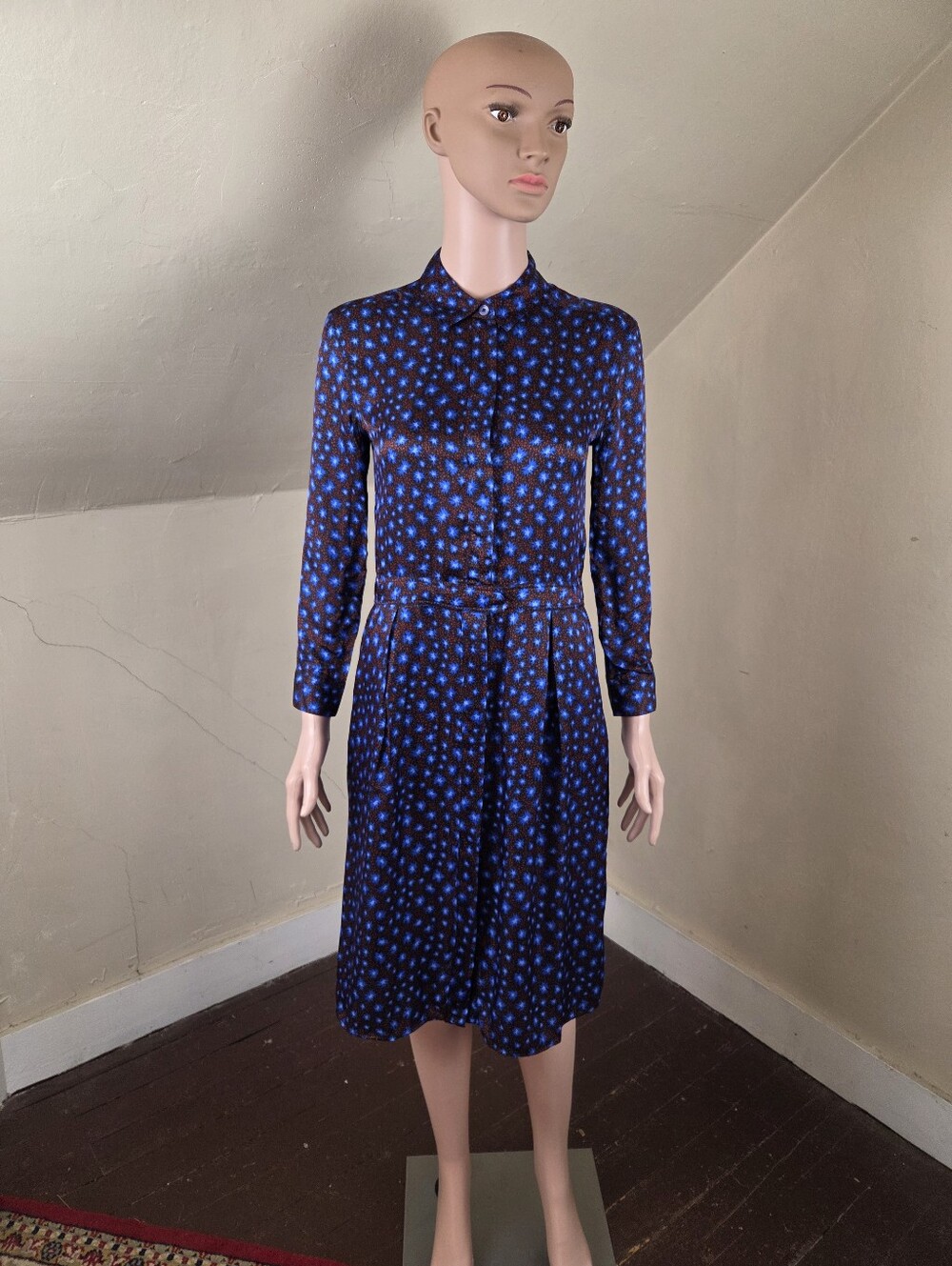 Paul‎ Smith Silk Blend Star Print Shirt Dress Size 38 Blue Brown Midi Pockets